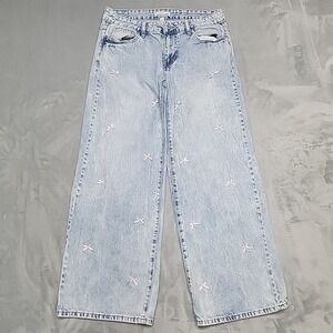 Love Soho Jeans Women 11 Light Wash Embroidered Bow Wide Leg Coquette High Rise